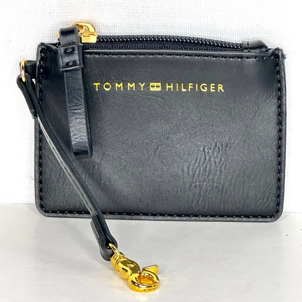Tommy Hilfiger Coin Purse Black Faux Leather‎ Gold Letter Logo